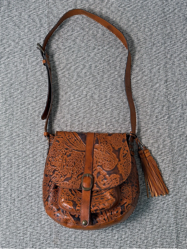 Patricia Nash Womenâs Brown Embossed Leather Crossbody Bag With Tasselâs